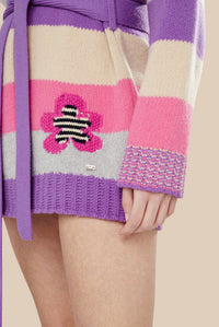 Cardigan ceinturé à rayures en laine - Lilas