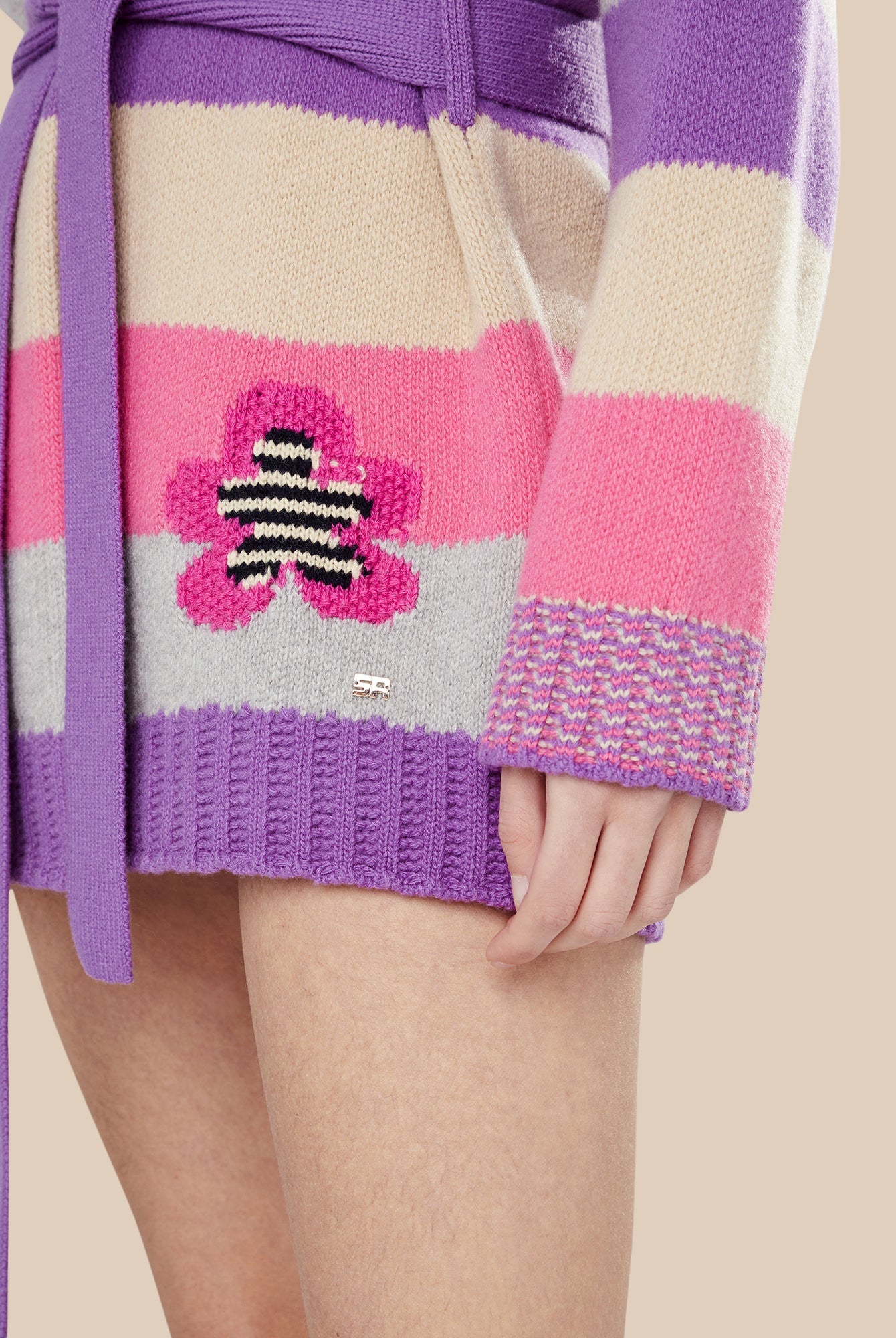 Cardigan ceinturé à rayures en laine - Lilas