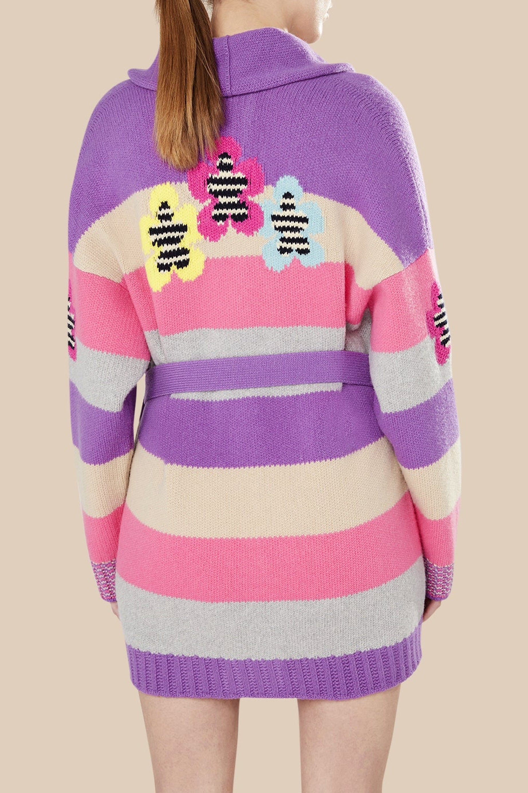 Cardigan ceinturé à rayures en laine - Lilas