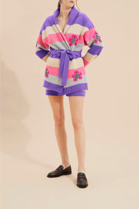 Cardigan ceinturé à rayures en laine - Lilas