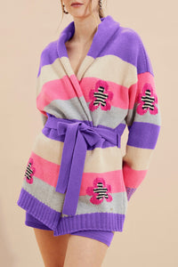 Cardigan ceinturé à rayures en laine - Lilas