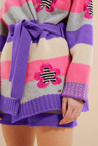Cardigan ceinturé à rayures en laine - Lilas