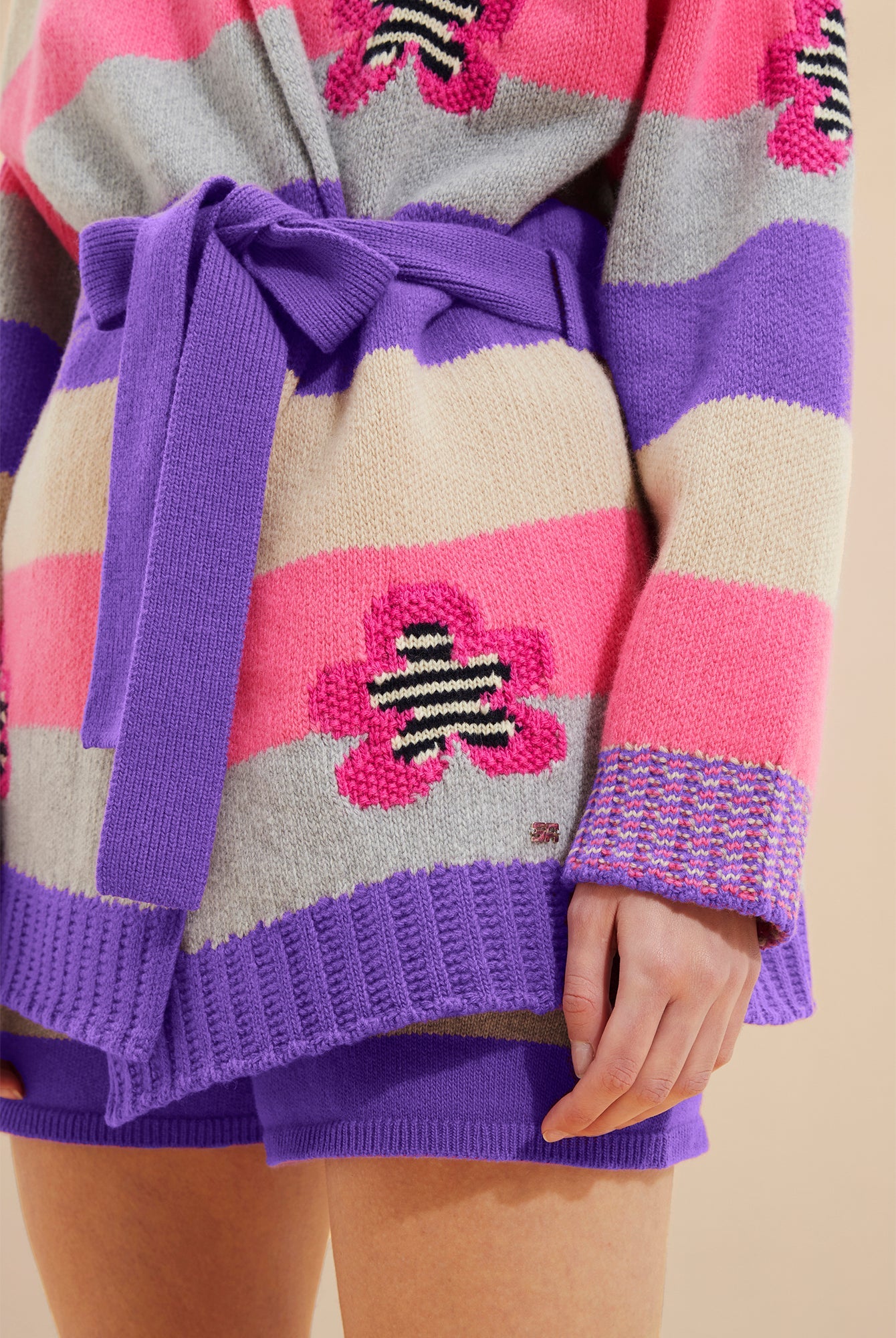 Cardigan ceinturé à rayures en laine - Lilas