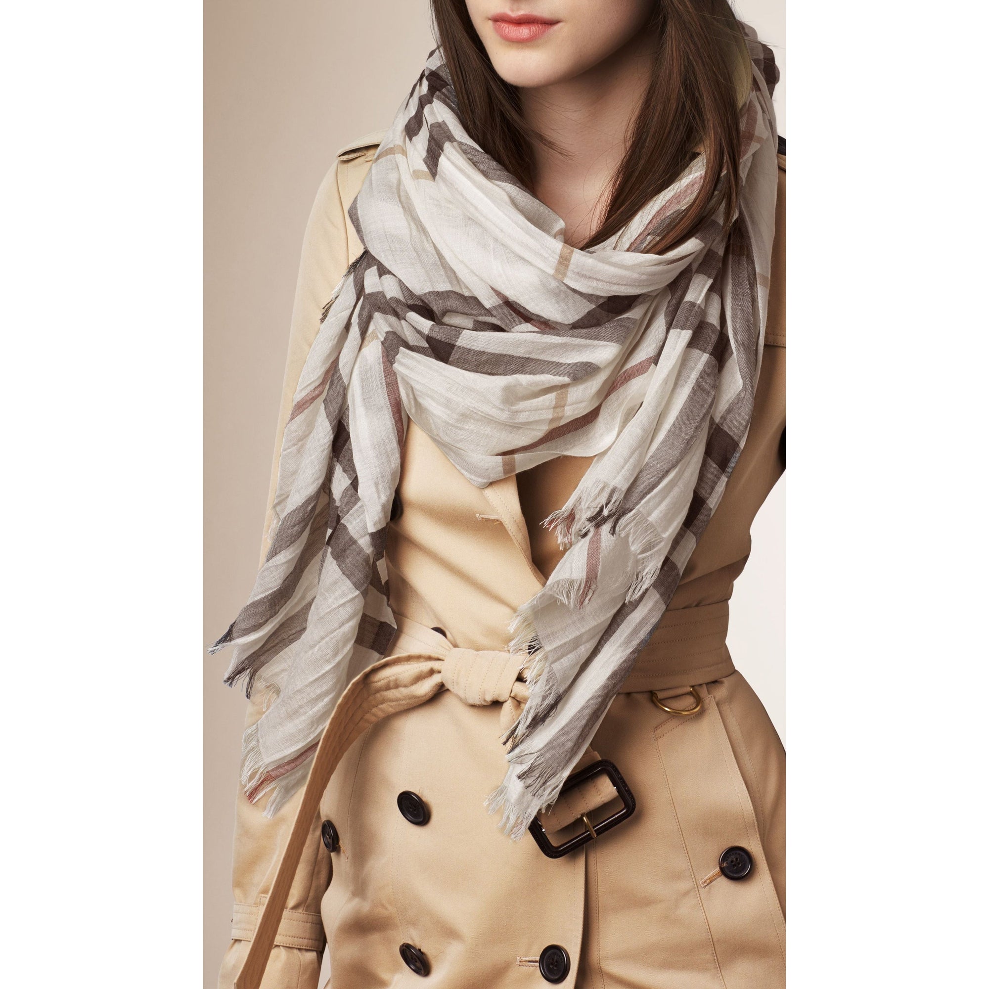 Foulard léger en laine et soie à motif check - Ivory Check