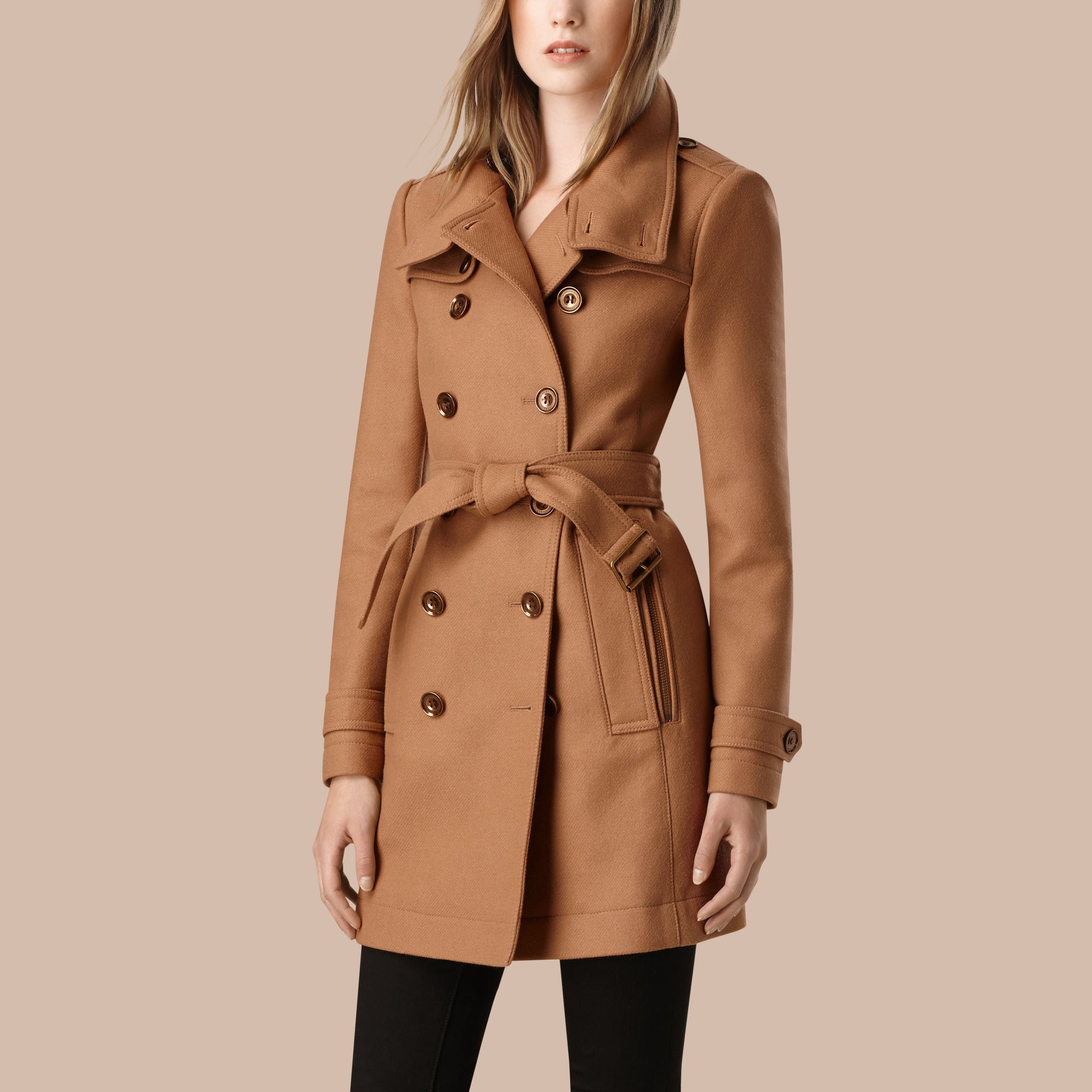 Trench-coat court en double sergé de laine - Camel