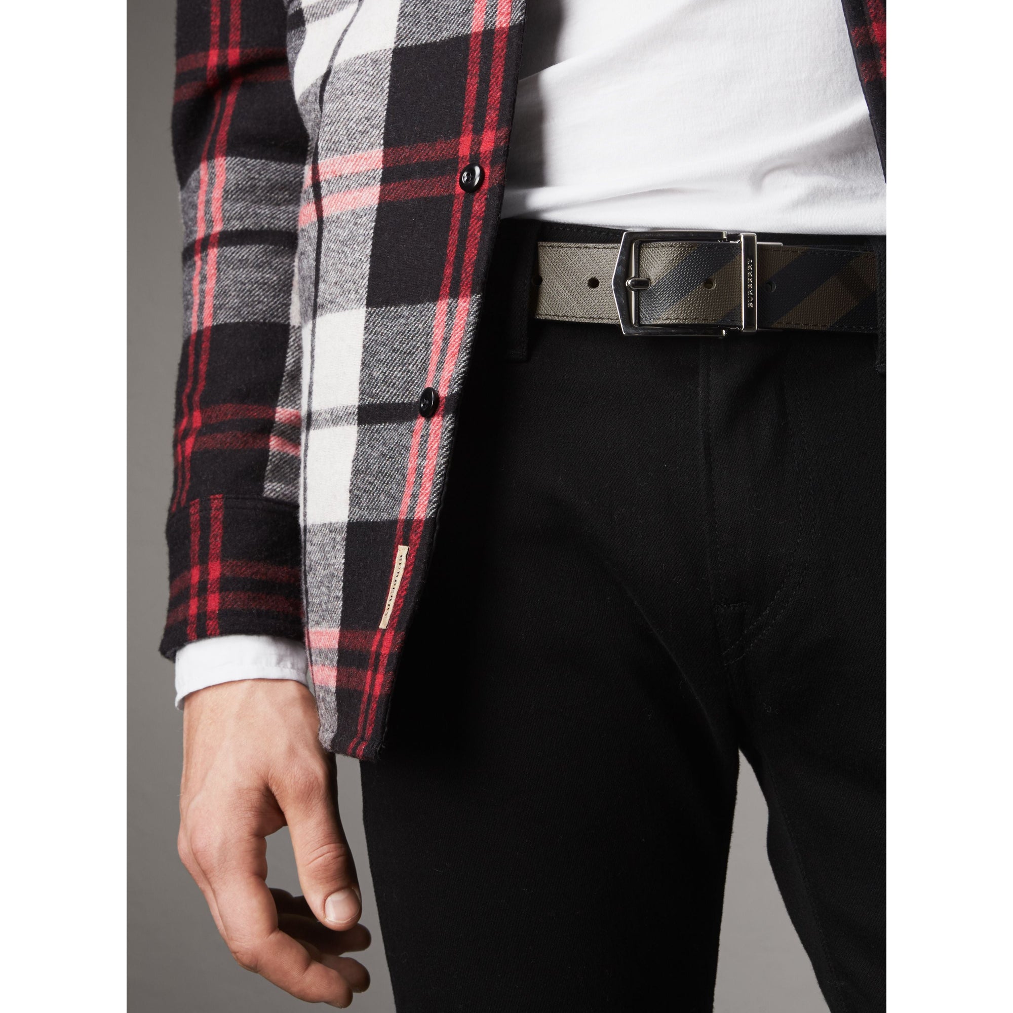 Ceinture réversible en tissu London check et cuir - Black