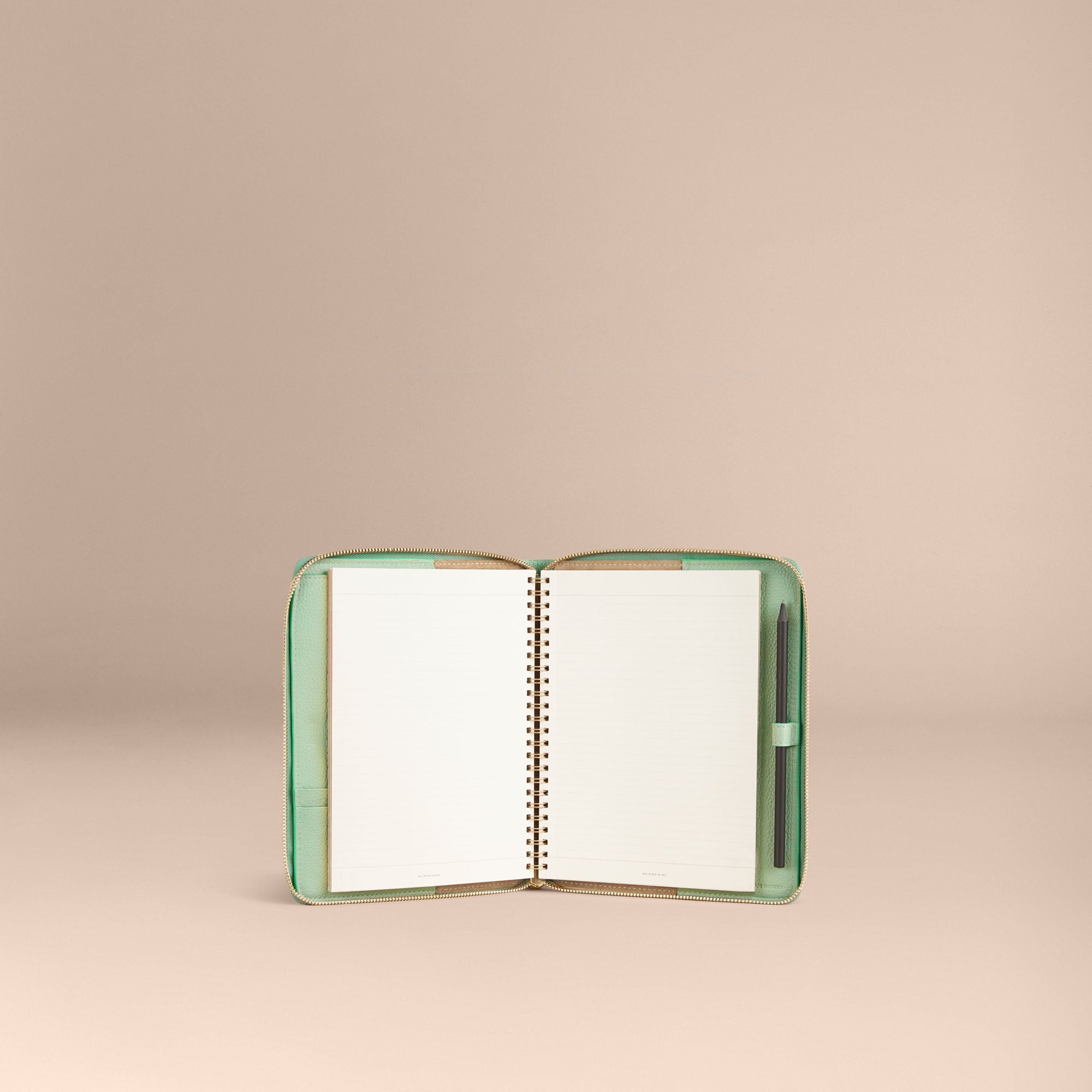 Cahier A5 en cuir zippé à motif check estampé - Light Mint