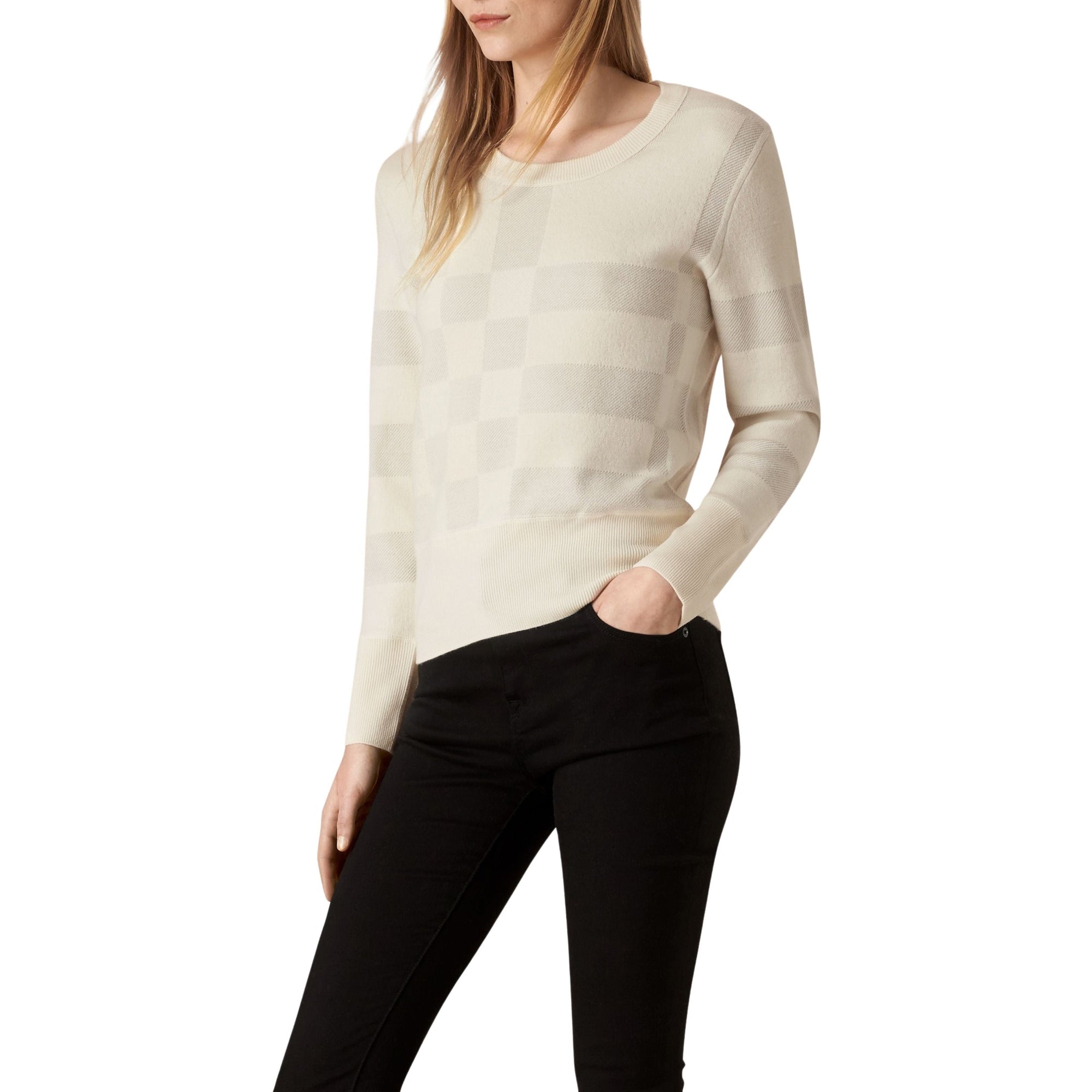 Pull en maille de laine mélangée à motif check - Natural White