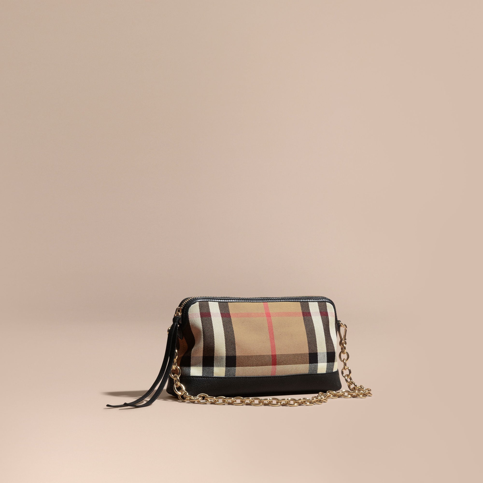 Sac pochette en coton à motif House check et cuir - Black