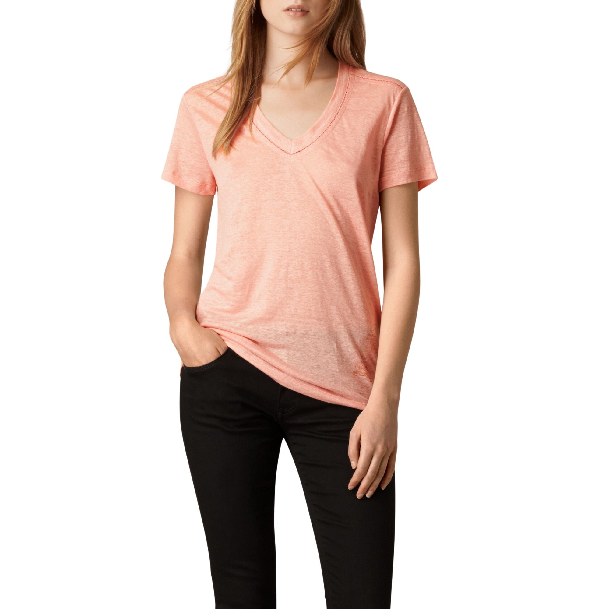 T-shirt en lin à col V et mailles ouvertes - Coral Pink