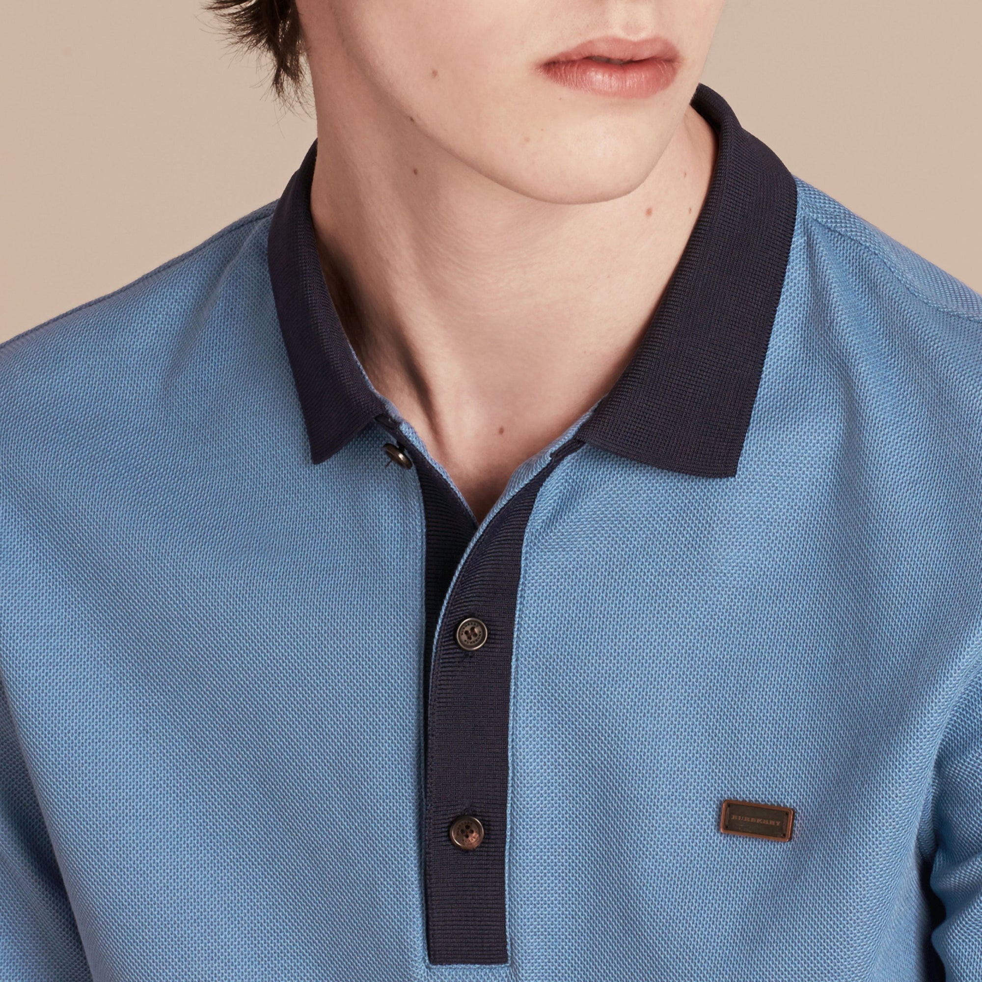 Polo en piqué de coton mercerisé - Cornflower Blue & Navy
