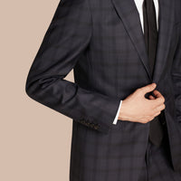 Costume moderne semi-entoilé en laine à motif Check - Navy