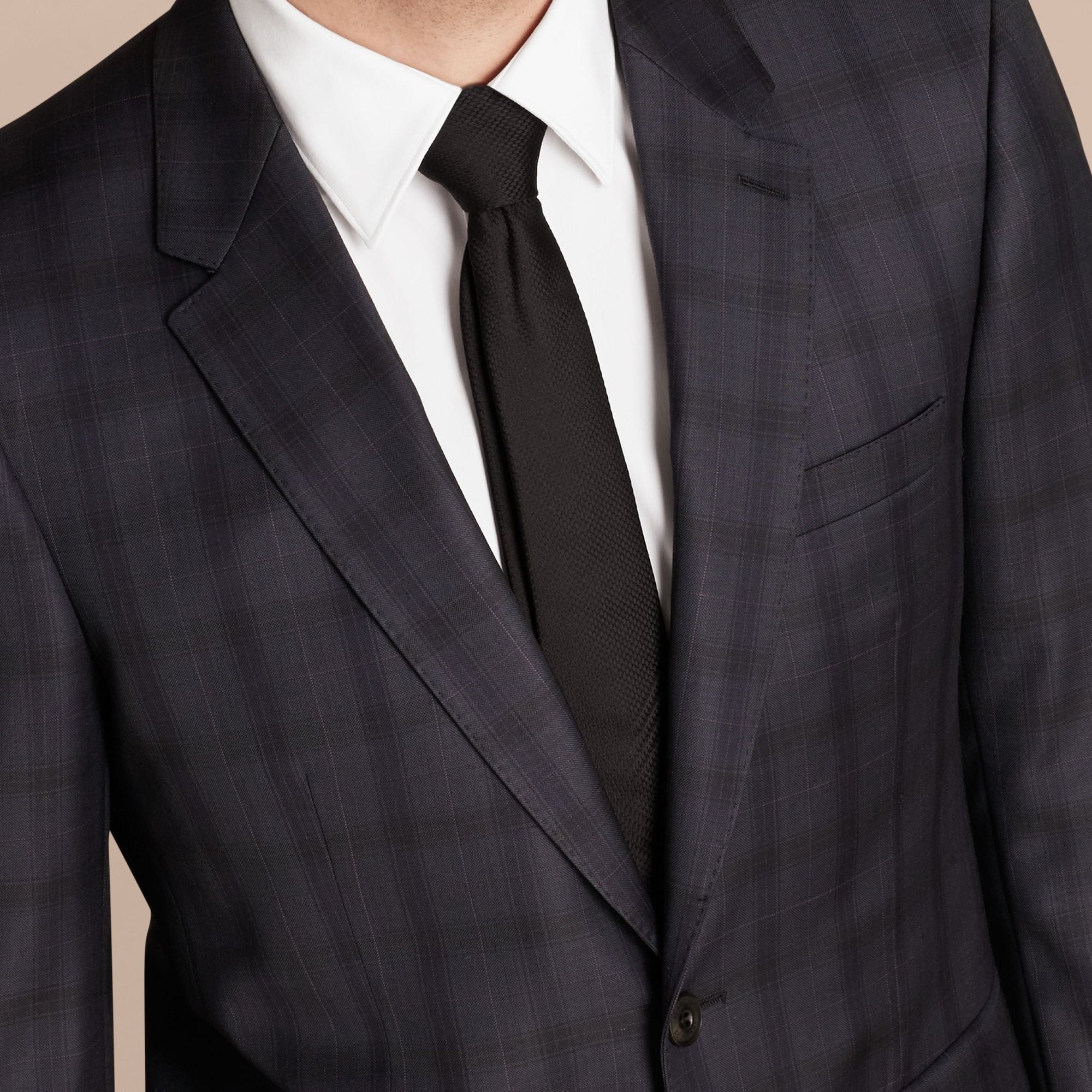 Costume moderne semi-entoilé en laine à motif Check - Navy
