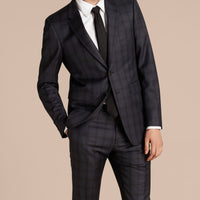 Costume moderne semi-entoilé en laine à motif Check - Navy