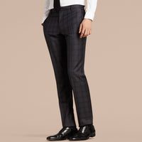 Costume moderne semi-entoilé en laine à motif Check - Navy