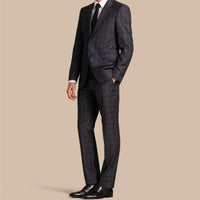 Costume moderne semi-entoilé en laine à motif Check - Navy