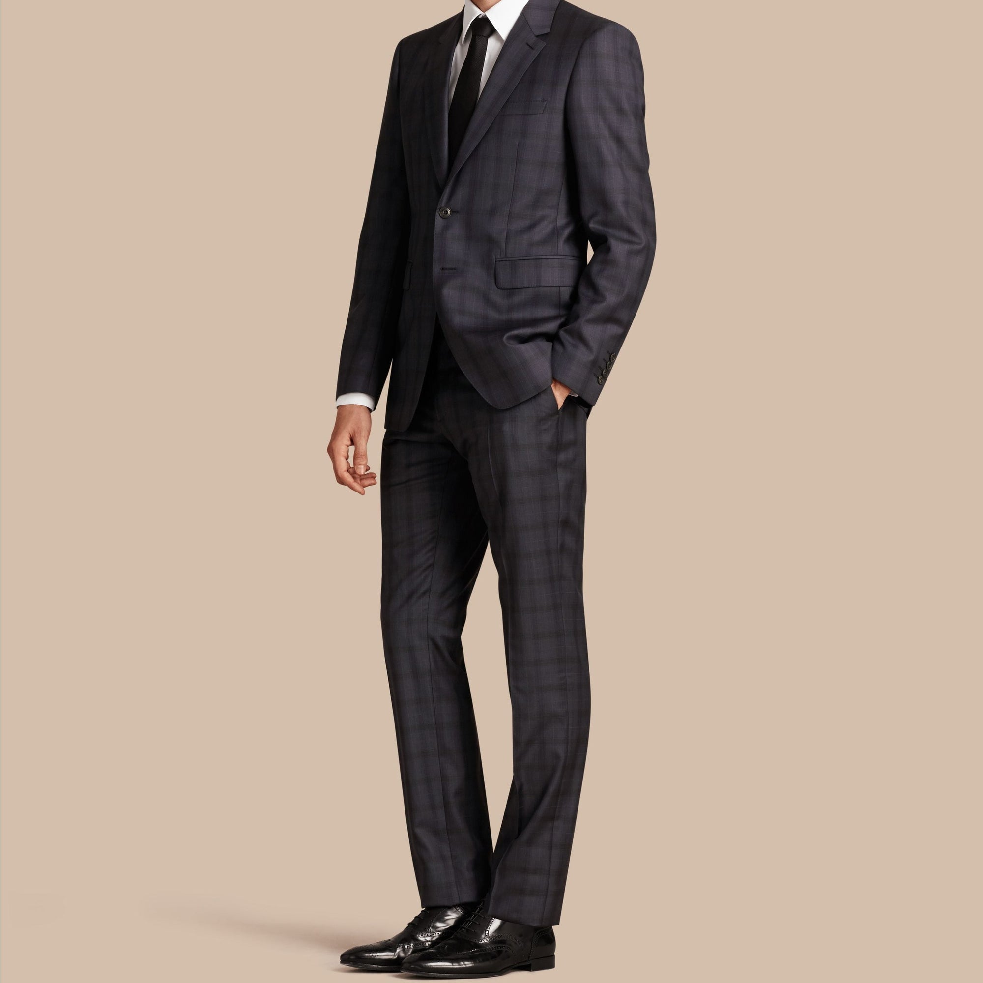 Costume moderne semi-entoilé en laine à motif Check - Navy