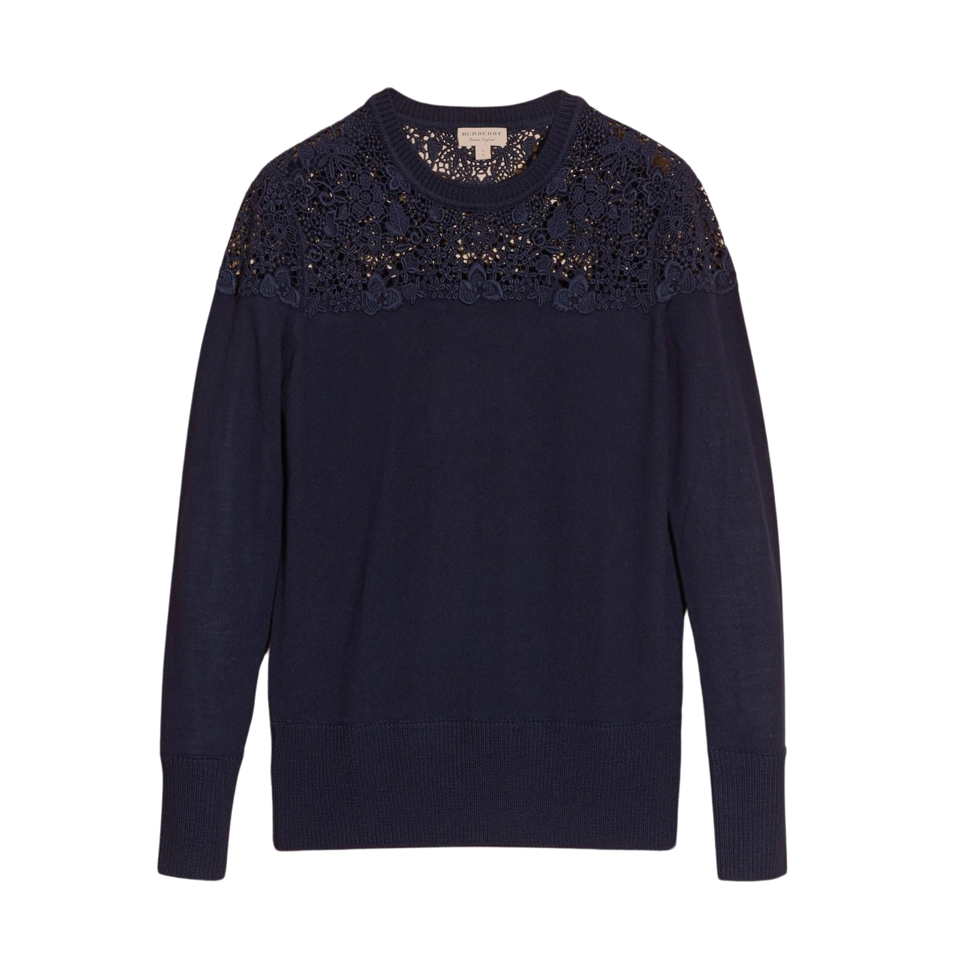 Pull en laine mérinos avec empiècement en dentelle - Navy