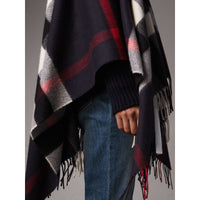 Poncho en cachemire et laine à motif check - Navy
