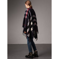 Poncho en cachemire et laine à motif check - Navy