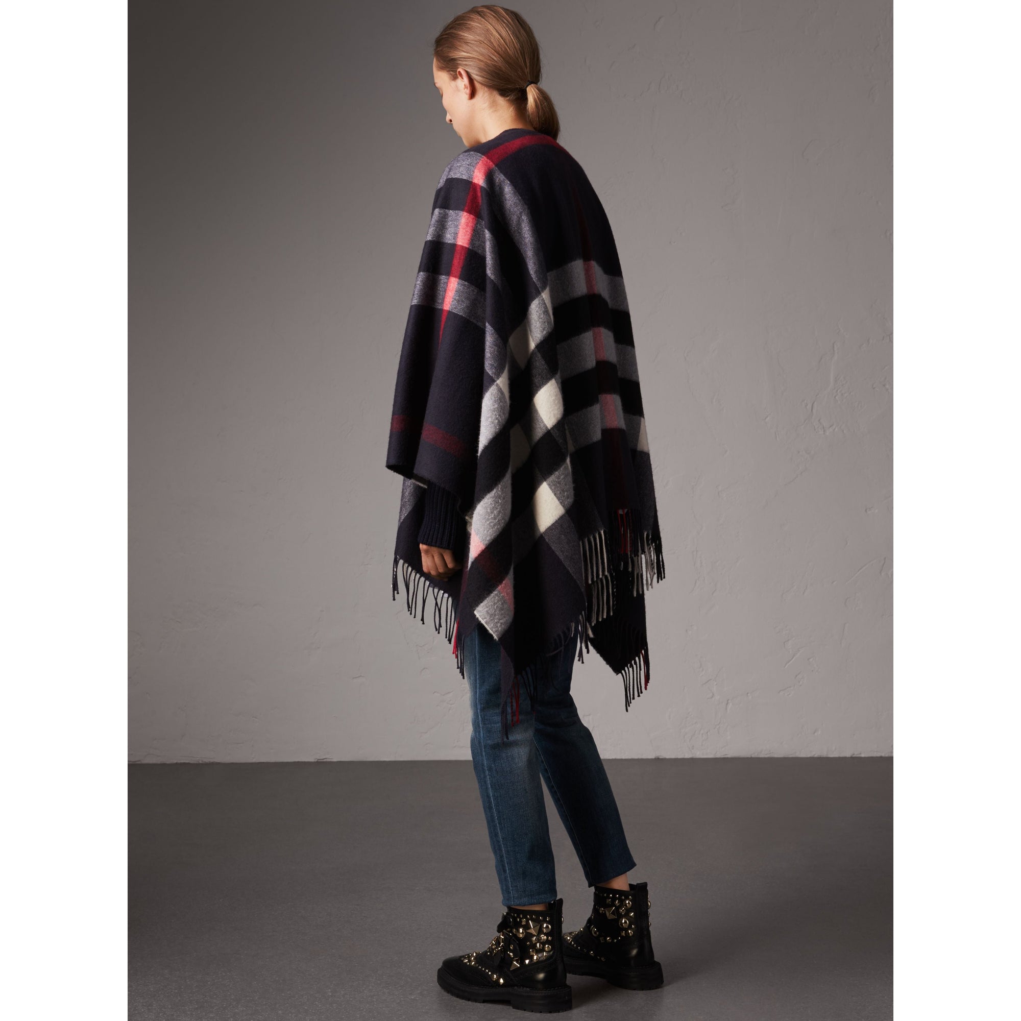 Poncho en cachemire et laine à motif check - Navy