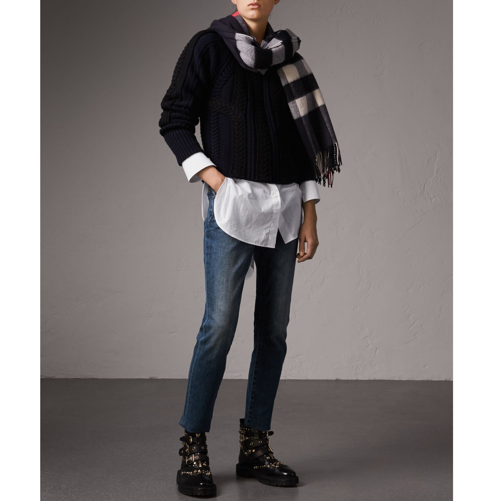 Poncho en cachemire et laine à motif check - Navy