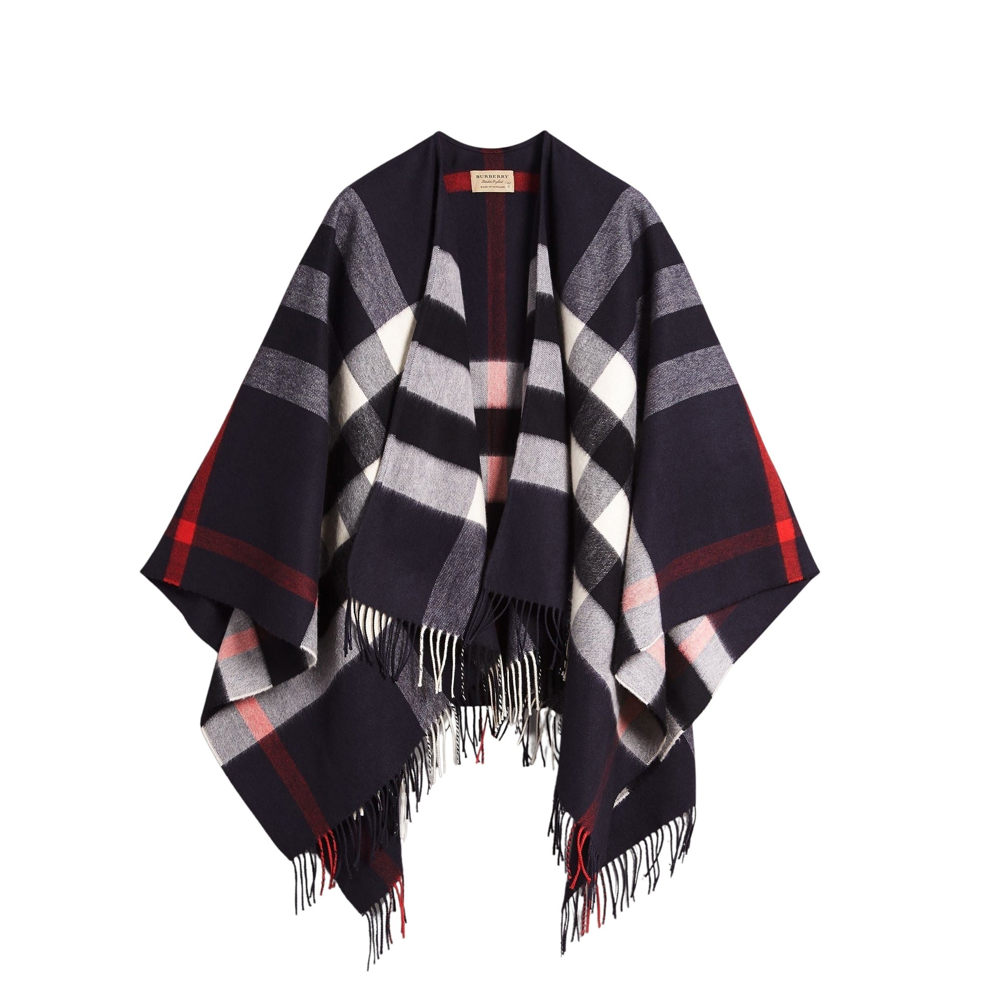 Poncho en cachemire et laine à motif check - Navy