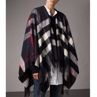 Poncho en cachemire et laine à motif check - Navy