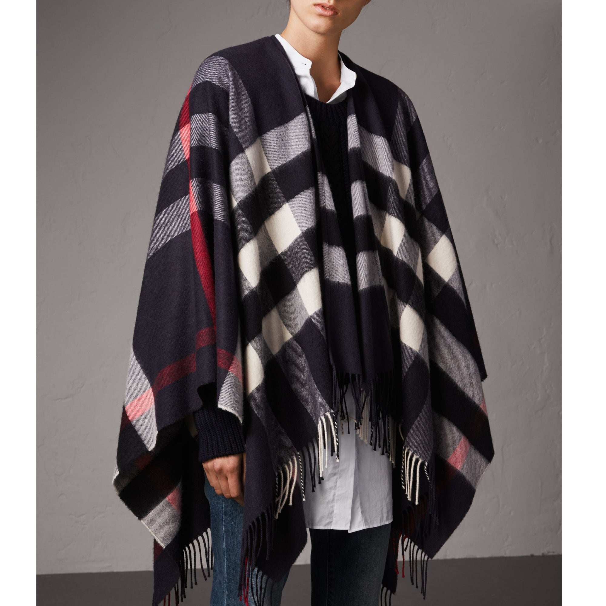Poncho en cachemire et laine à motif check - Navy