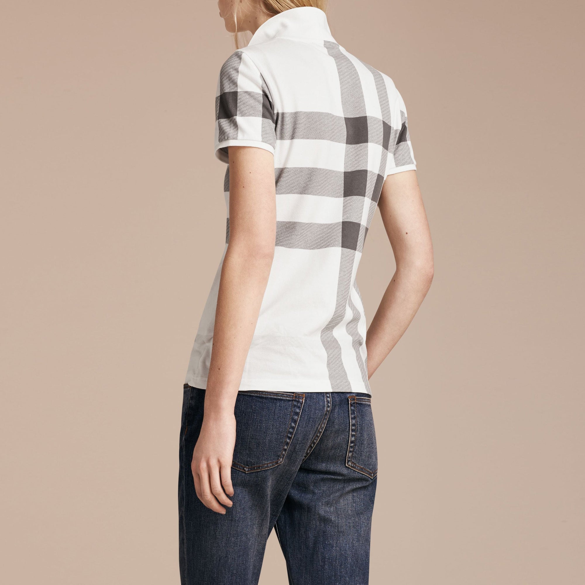 Polo en piqué de coton extensible à motif Check - White