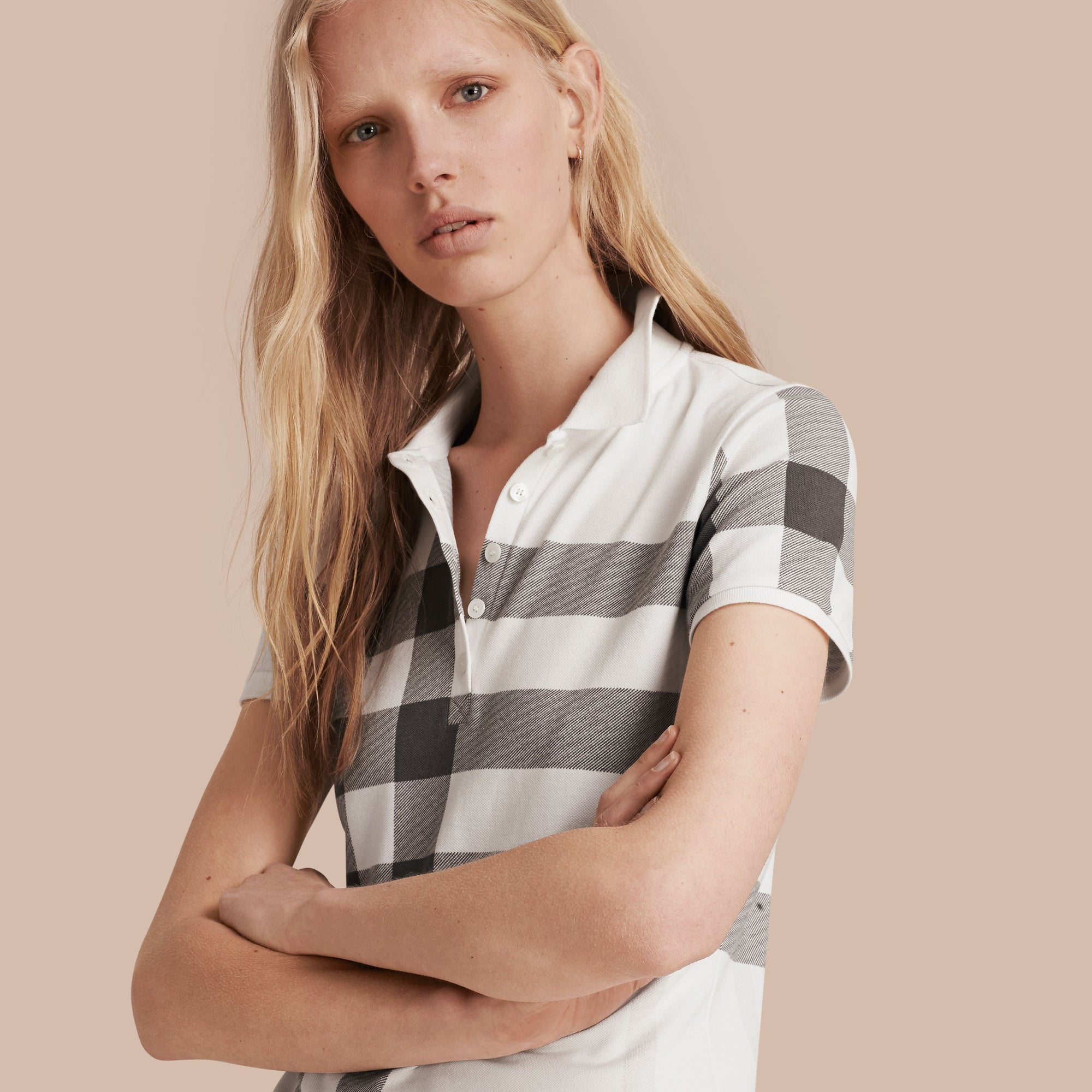 Polo en piqué de coton extensible à motif Check - White