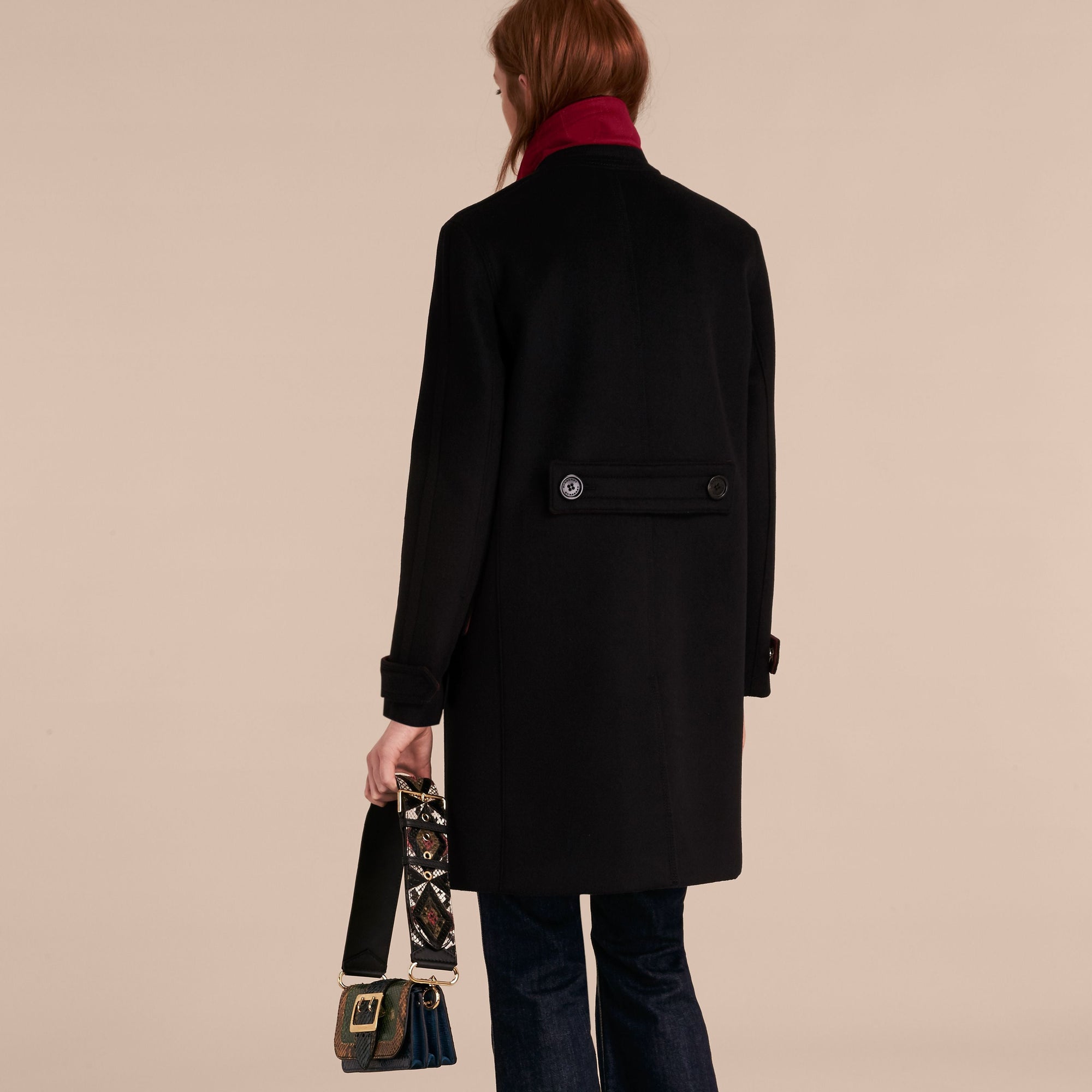 Manteau militaire à boutonnage simple en cachemire - Black