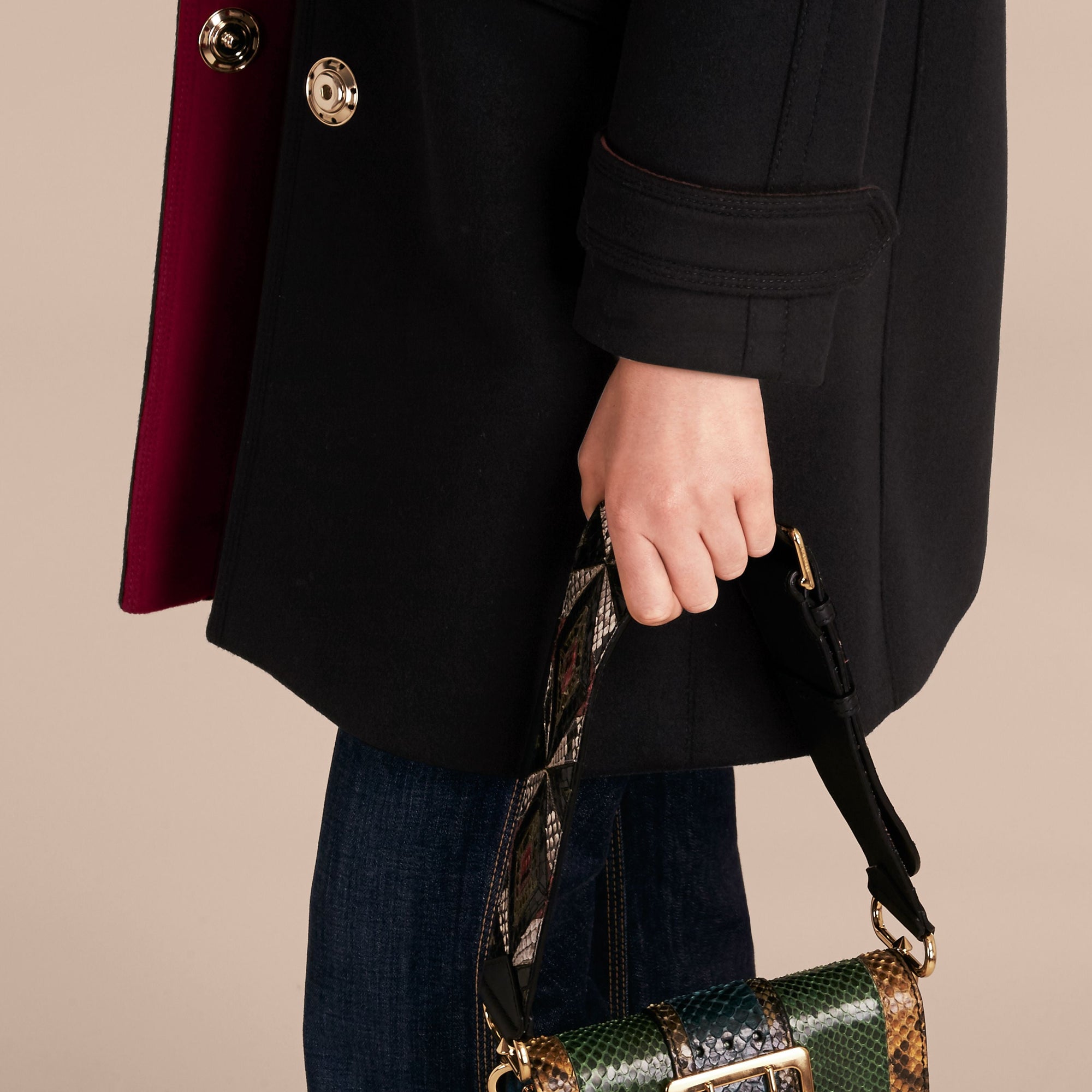 Manteau militaire à boutonnage simple en cachemire - Black