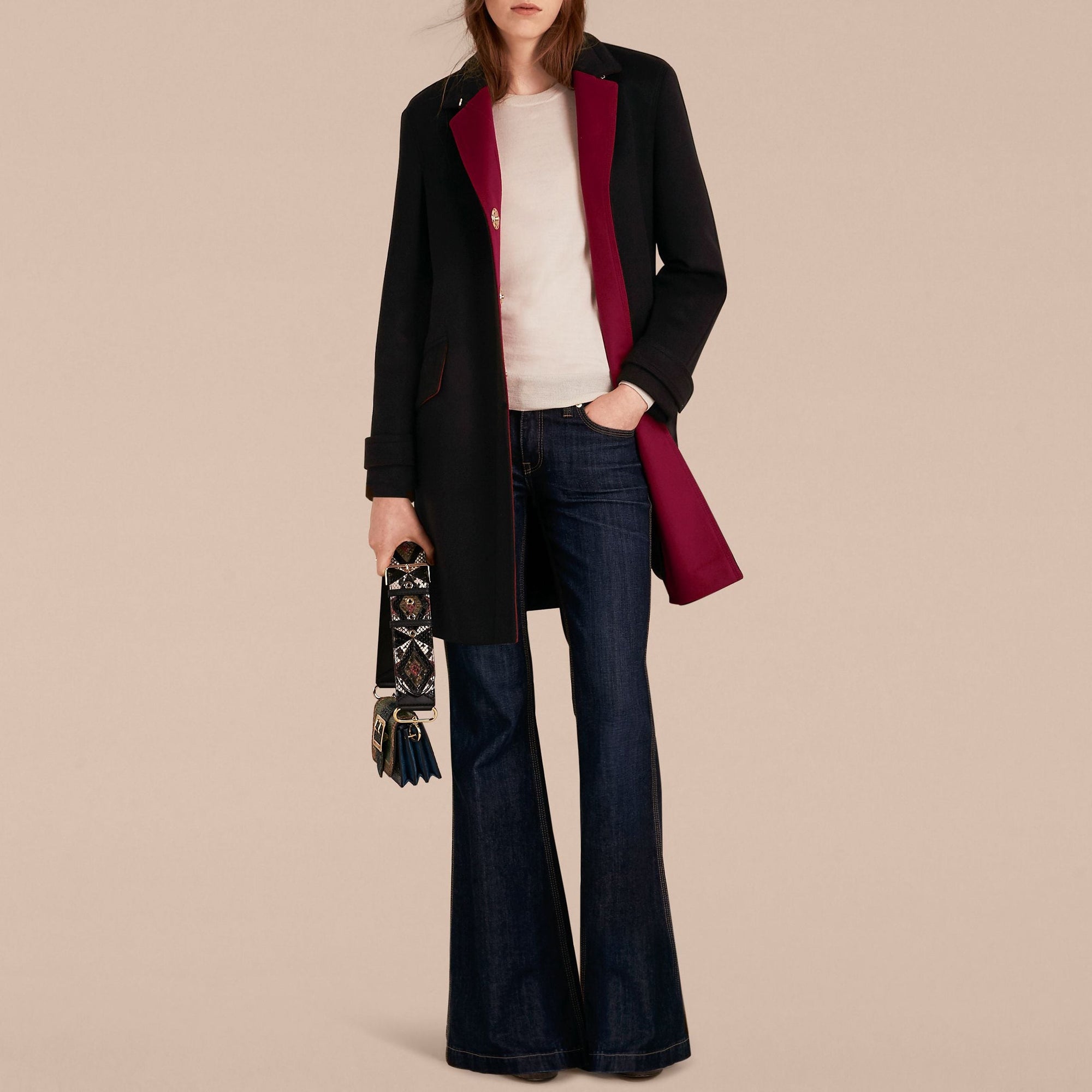 Manteau militaire à boutonnage simple en cachemire - Black