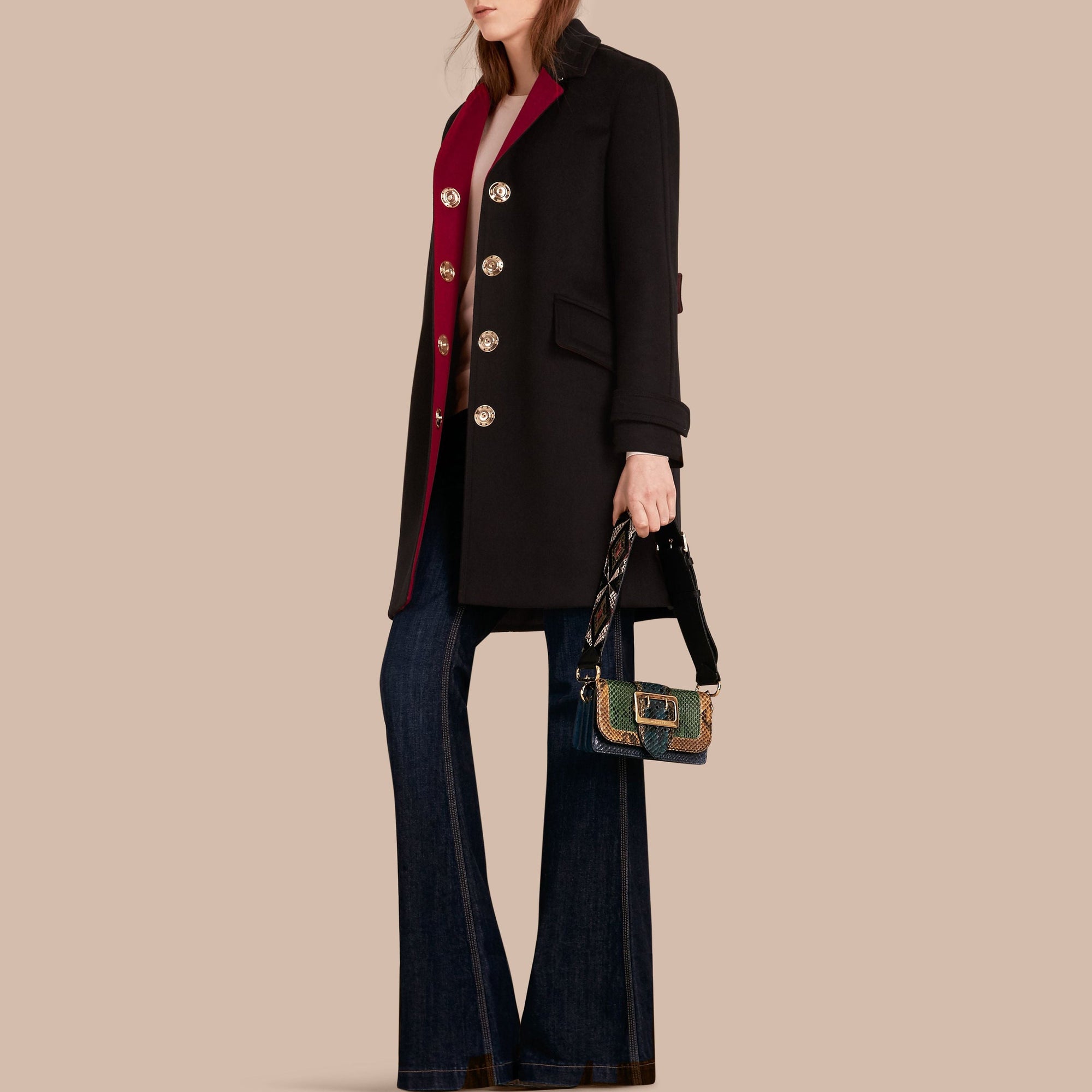 Manteau militaire à boutonnage simple en cachemire - Black