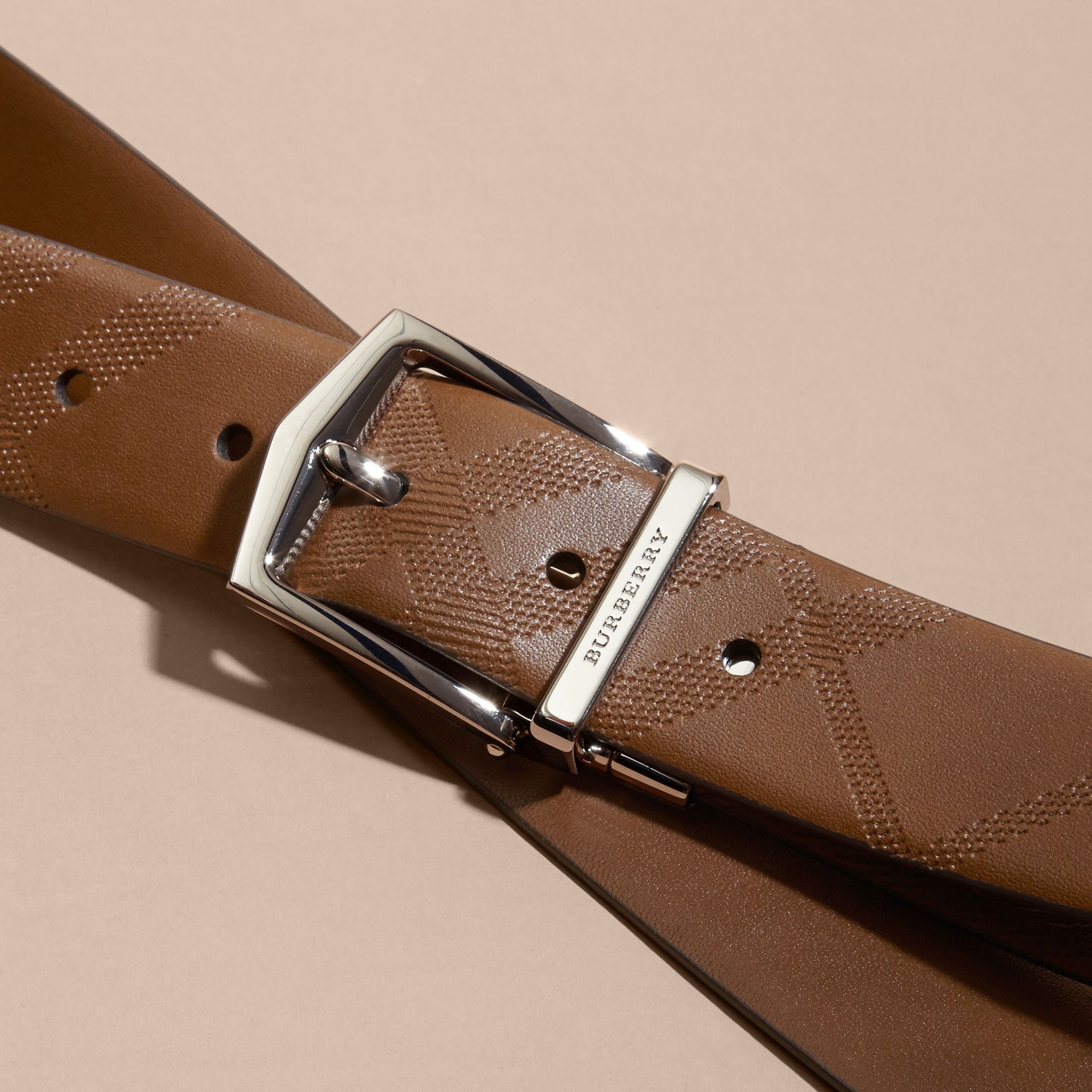 Ceinture réversible en cuir à motif check estampé - Tan