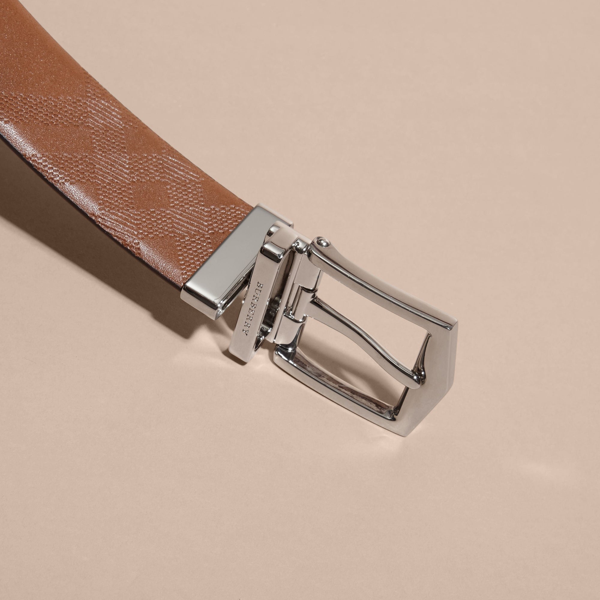 Ceinture réversible en cuir à motif check estampé - Tan