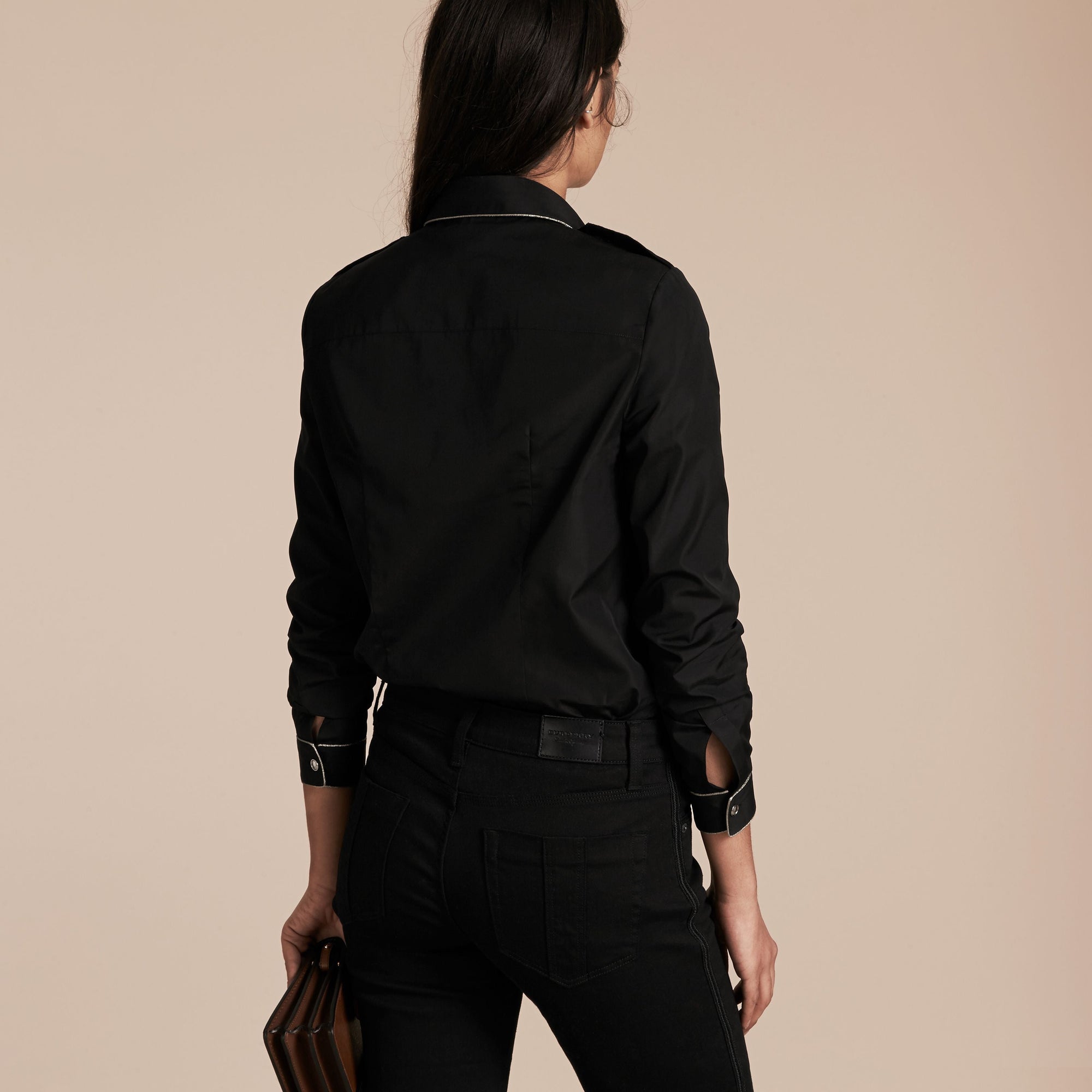 Chemise passepoilée en coton tissé jacquard - Black