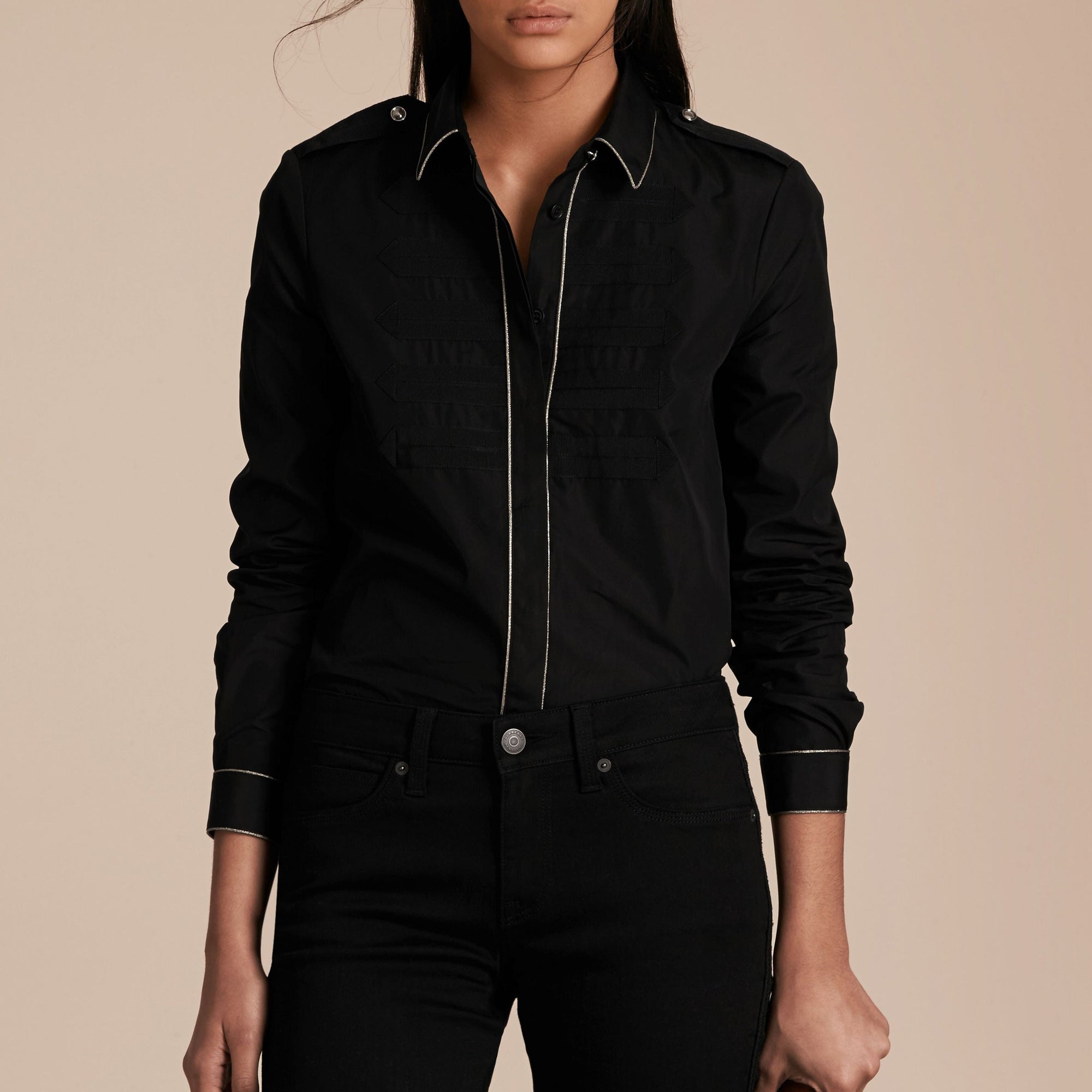 Chemise passepoilée en coton tissé jacquard - Black