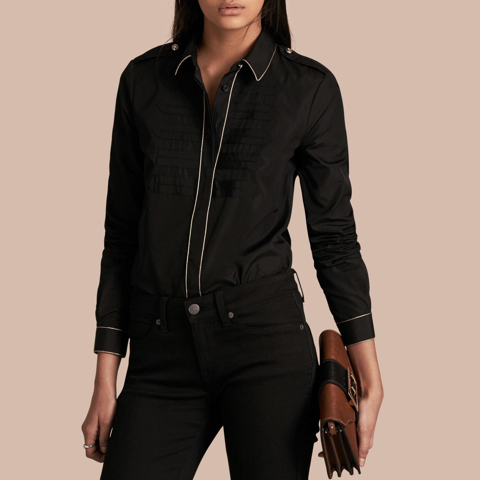 Chemise passepoilée en coton tissé jacquard - Black