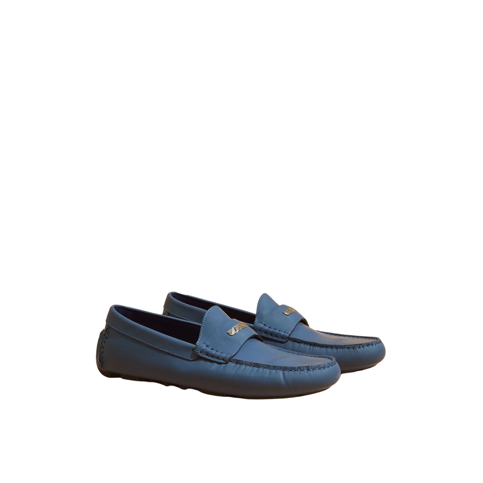 Mocassins en cuir à motif check gravé - Dark Mineral Blue