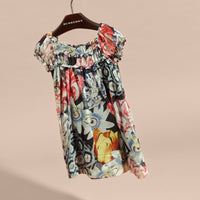Robe en soie ruchée à imprimé floral arty - Black
