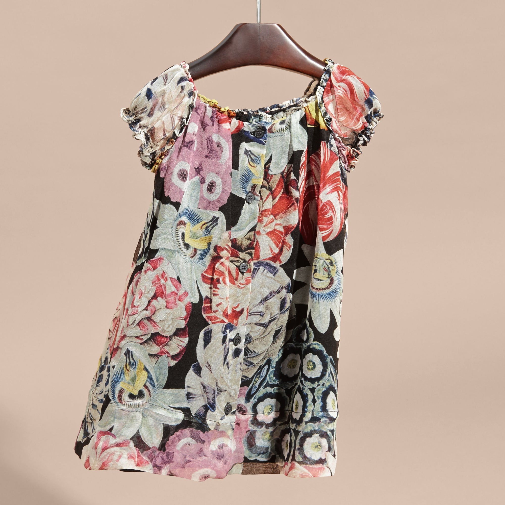Robe en soie ruchée à imprimé floral arty - Black