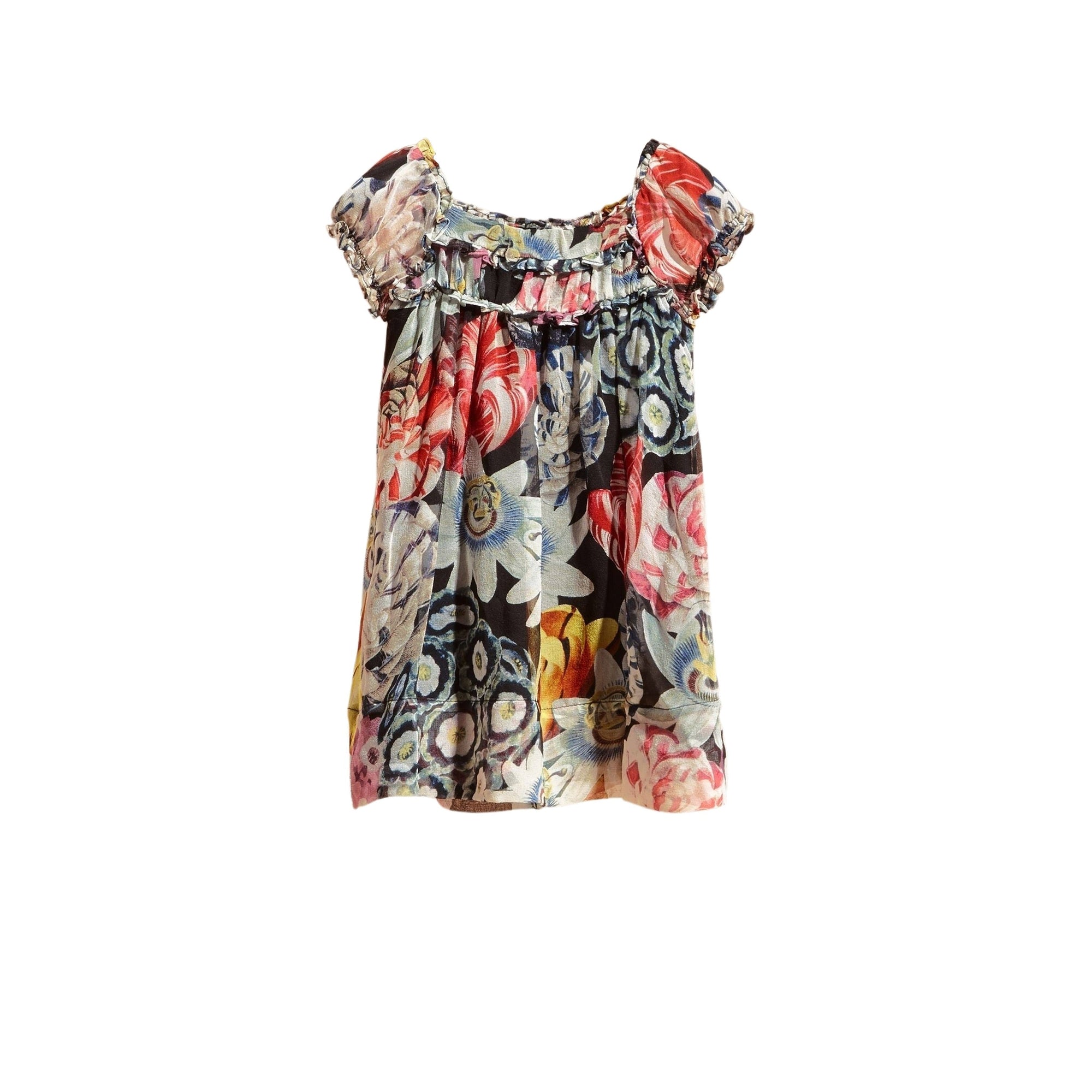 Robe en soie ruchée à imprimé floral arty - Black
