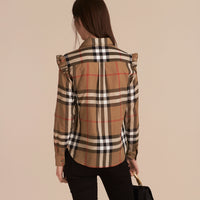 Chemise à motif check à volants - Taupe Brown