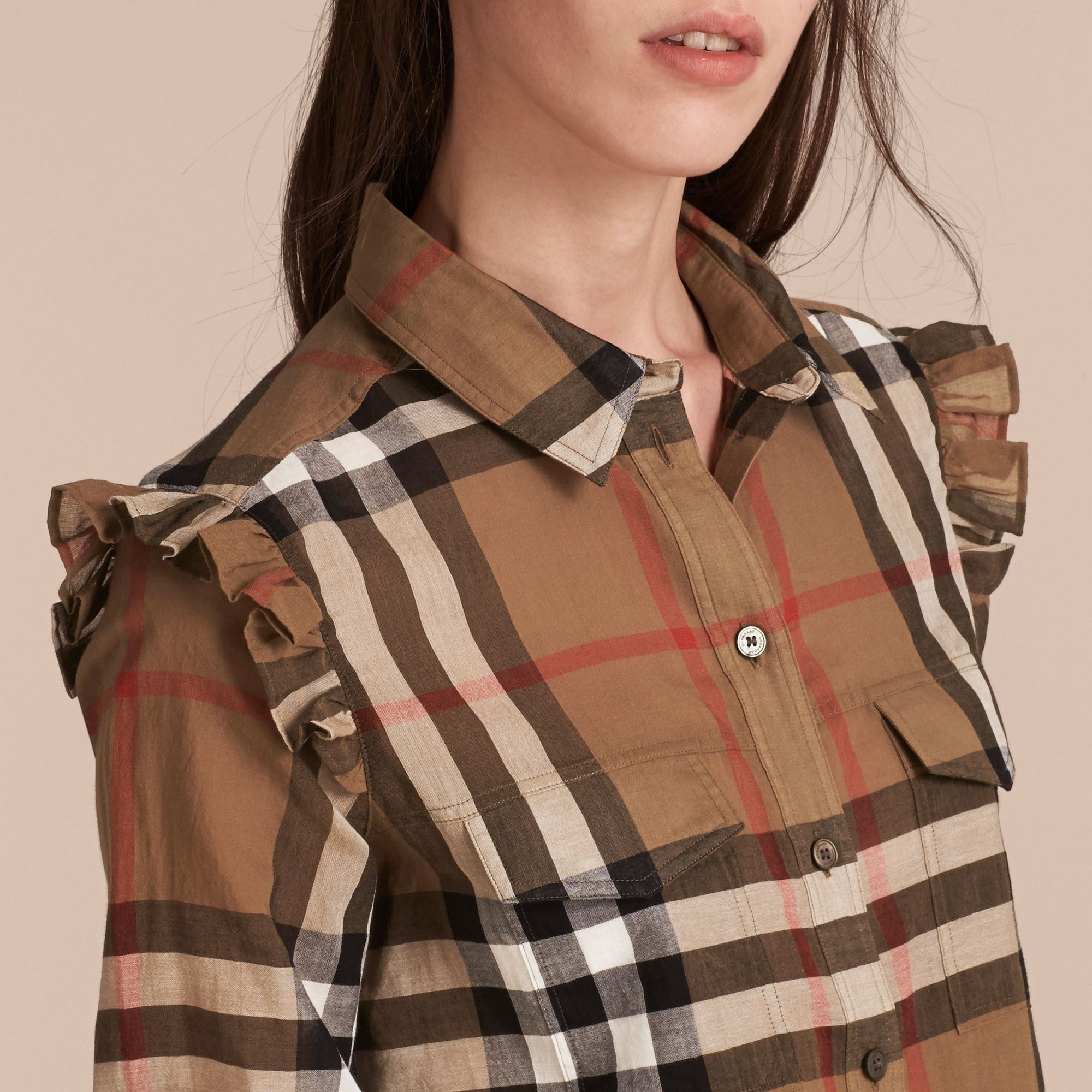 Chemise à motif check à volants - Taupe Brown
