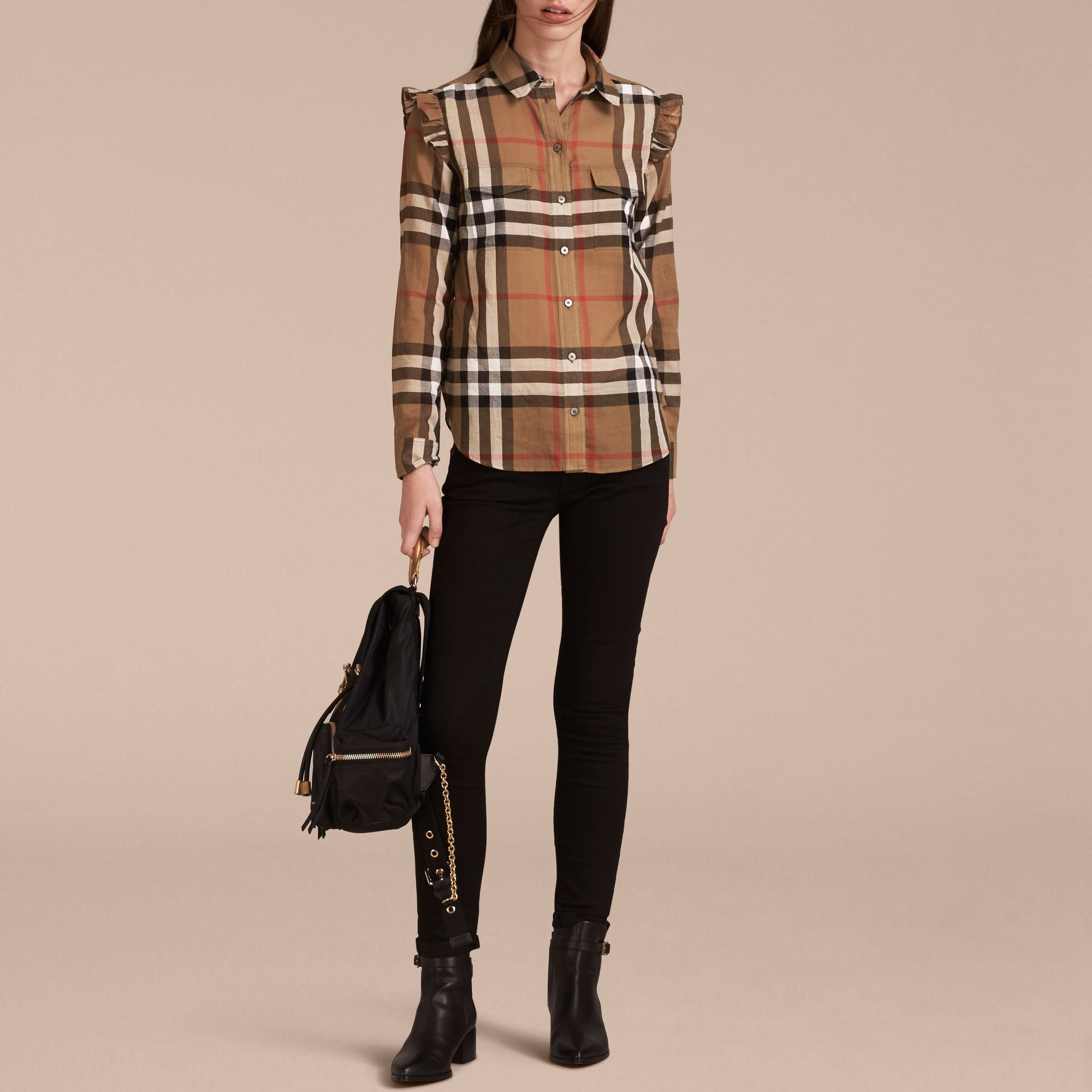 Chemise à motif check à volants - Taupe Brown