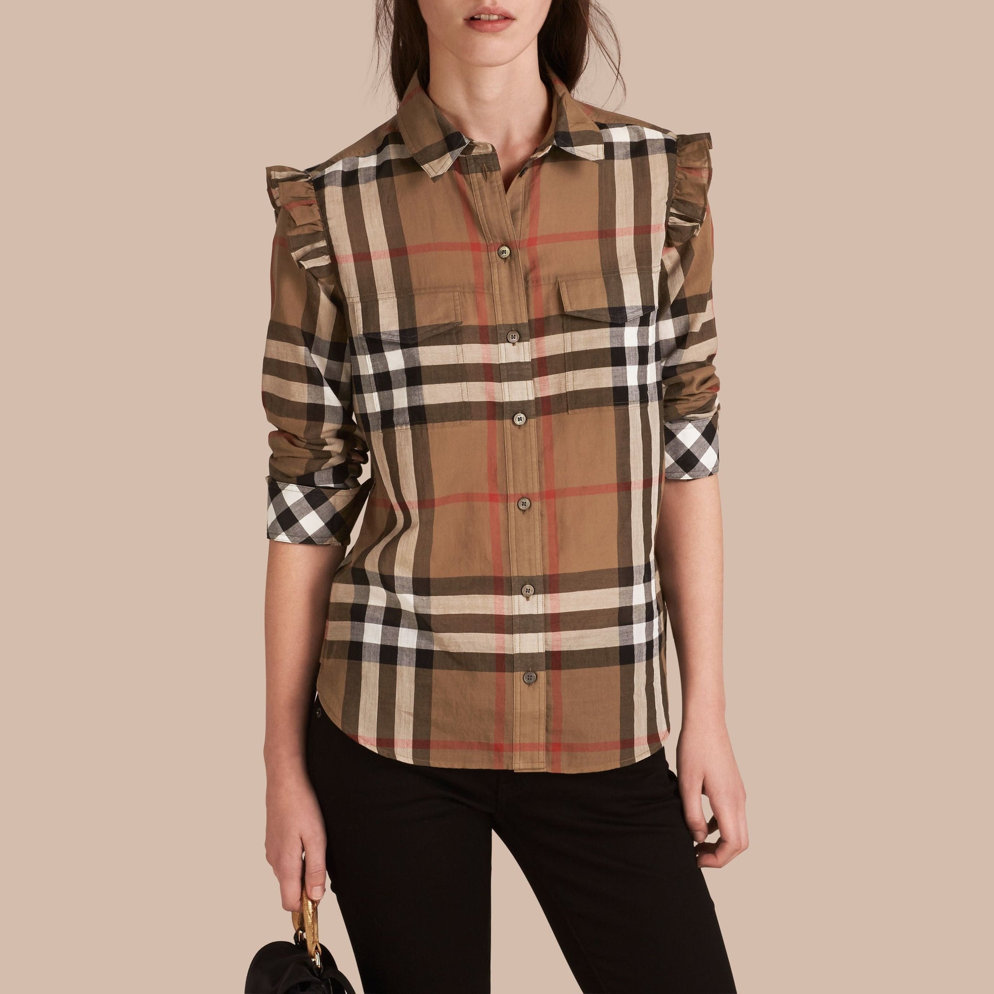 Chemise à motif check à volants - Taupe Brown