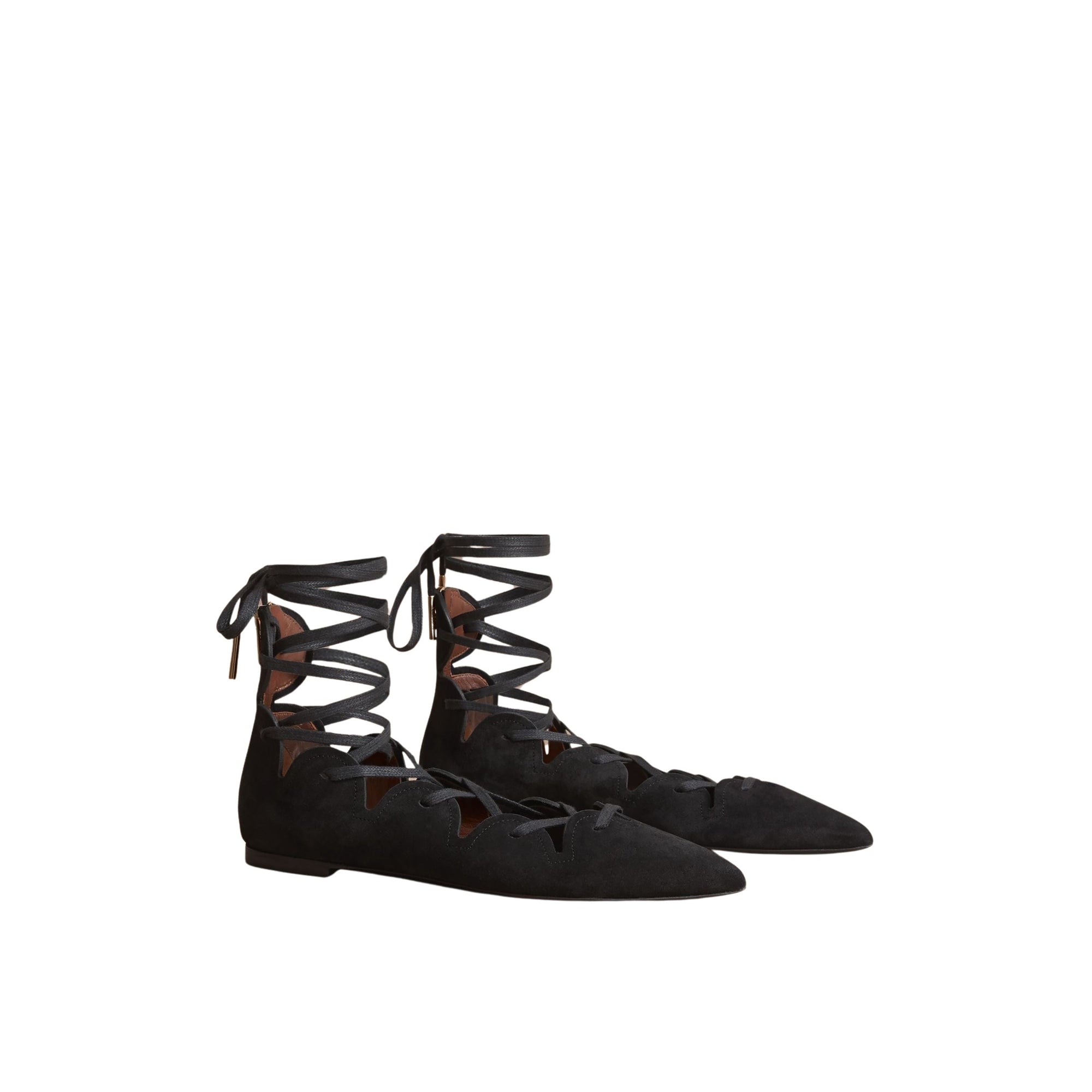Ballerines à lacets en cuir velours festonné - Black