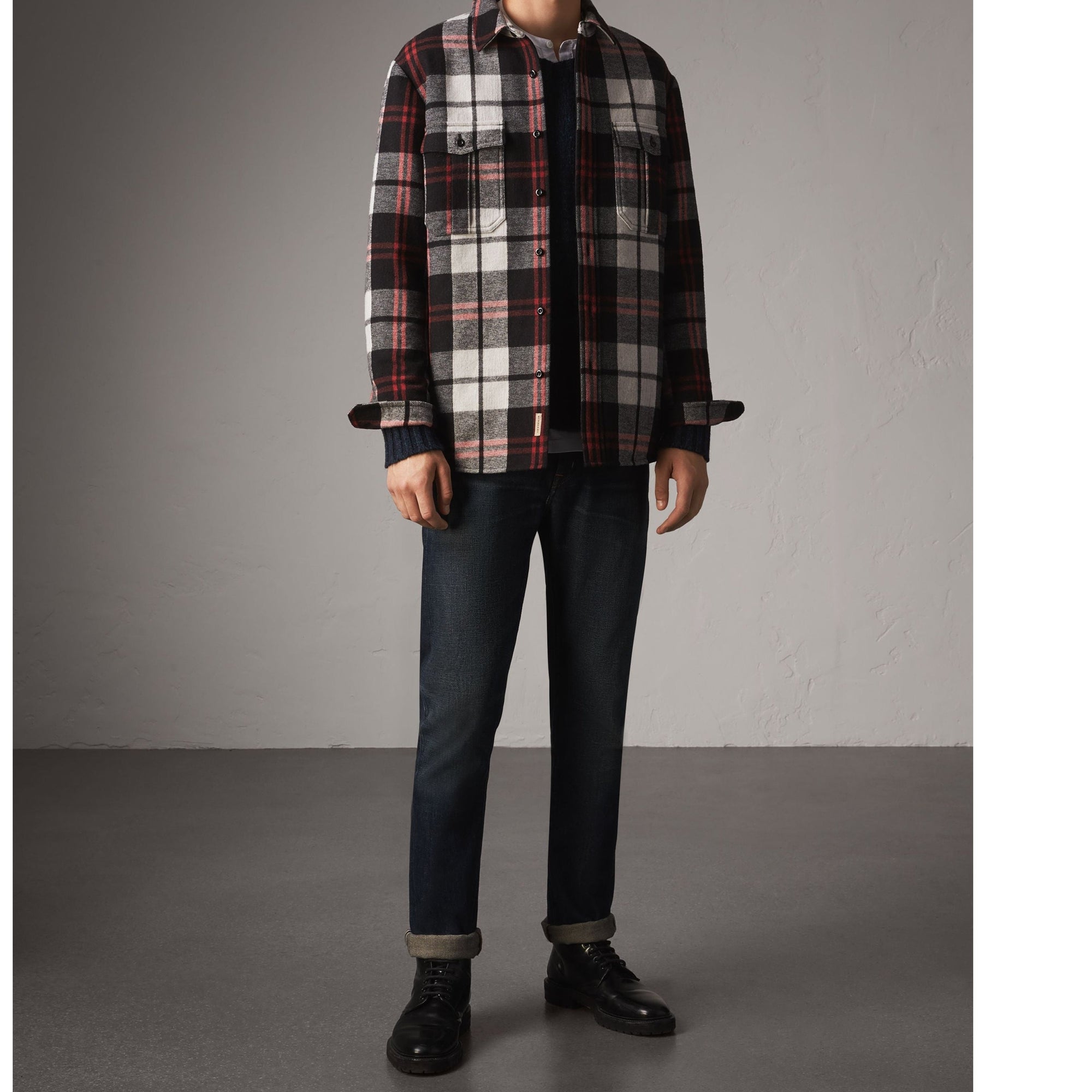 Chemise à motif Check et doublure matelassée - Black